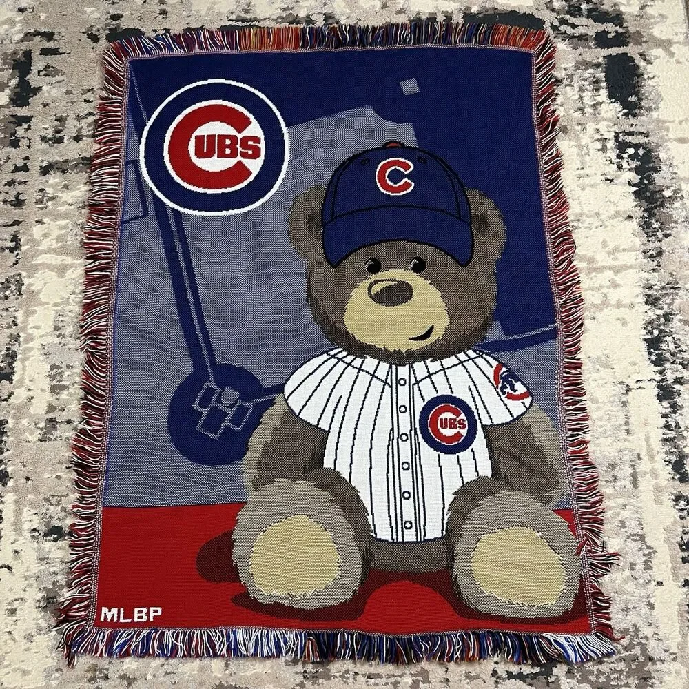 Vintage Chicago Cubs Field Bear Woven Jacquard Throw Baby Blanket MLB 46x35